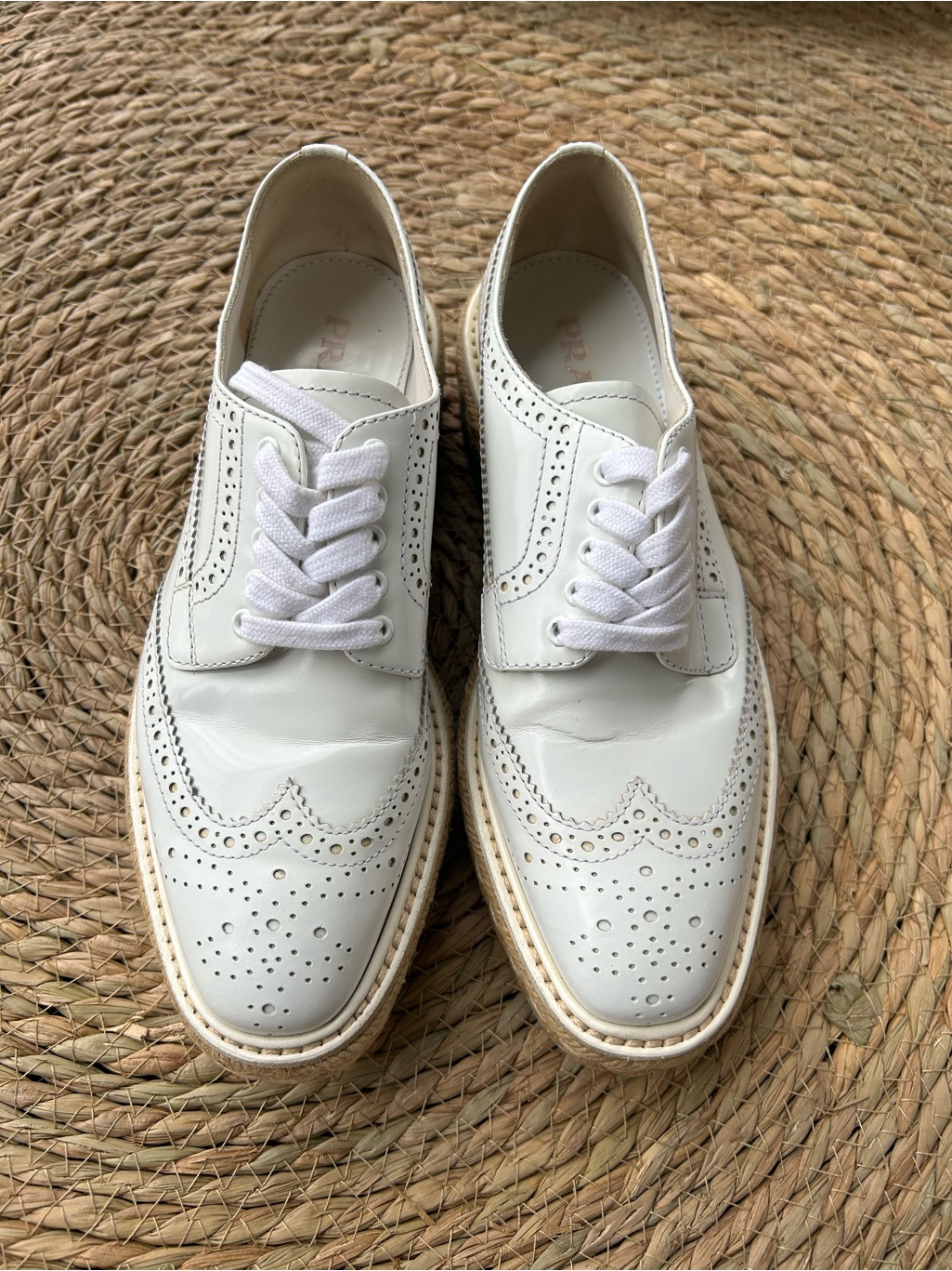 Steal Prada White Leather Women's Brogue Derby Oxfords